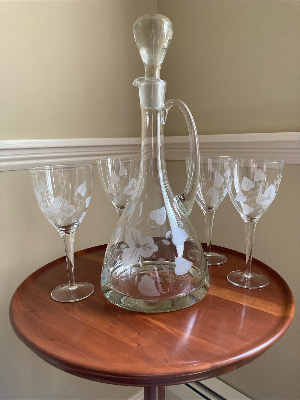 Never Used Etched Glass Decanter and Four Wine Goblets - Floral Pattern